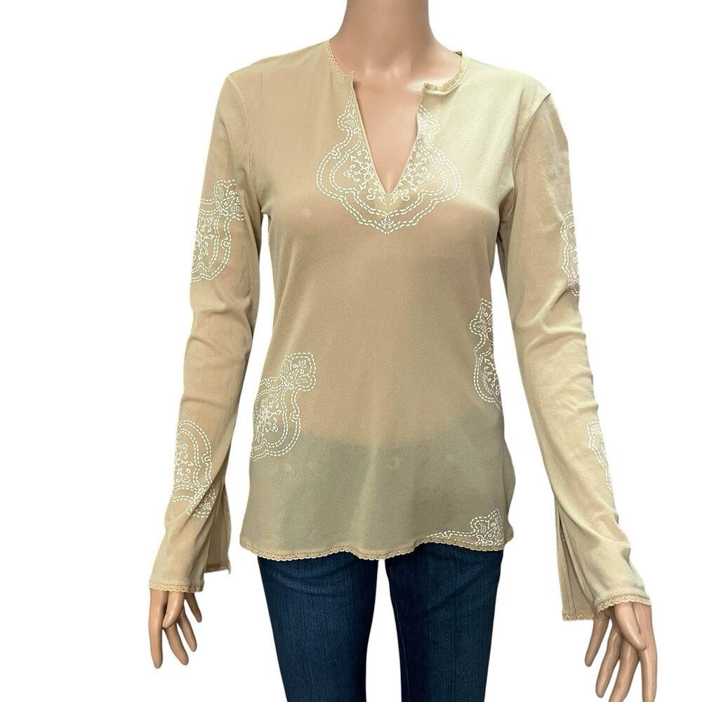 Y2K Kenneth Cole Boho Mesh Tunic Top XS Flare Sleeve Split Neck Sheer Retro Tan